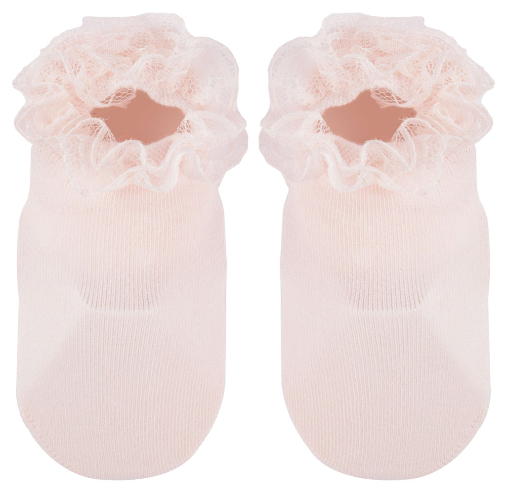 Pair of Pink Lace Frill Socks Laid Flat Showing Non-Slip Soles and Lace Edges