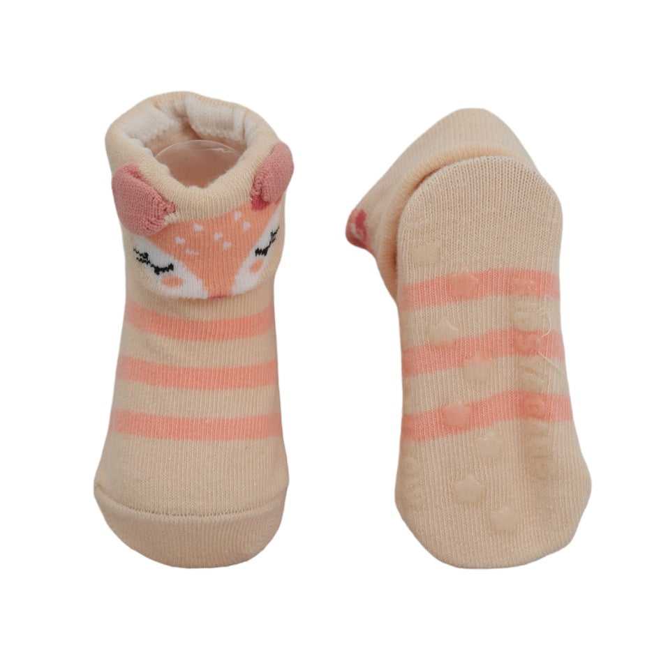 Bottom view of pink striped fox-themed anti-skid socks for baby girls with grip detail.