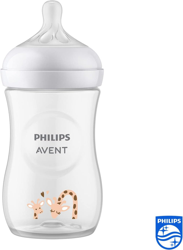 Close-up of Philips Avent SCY903/66 natural response baby bottle with giraffe design.
