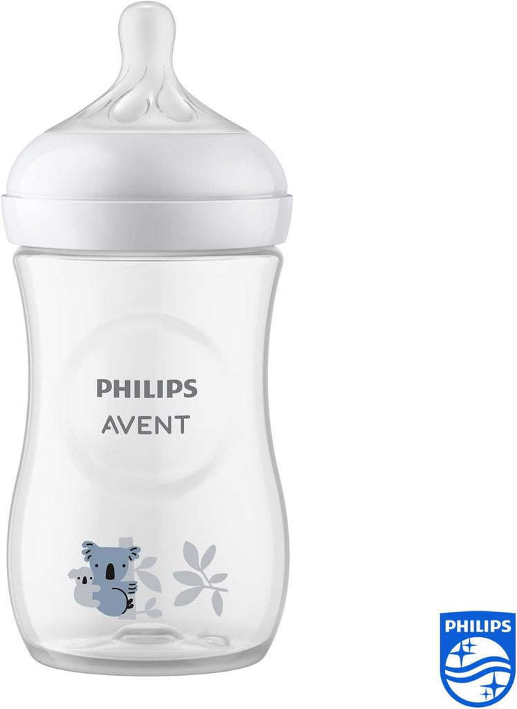 Philips Avent SCY903/67 natural response baby bottle with a cute koala pattern, showcasing its ergonomic shape
