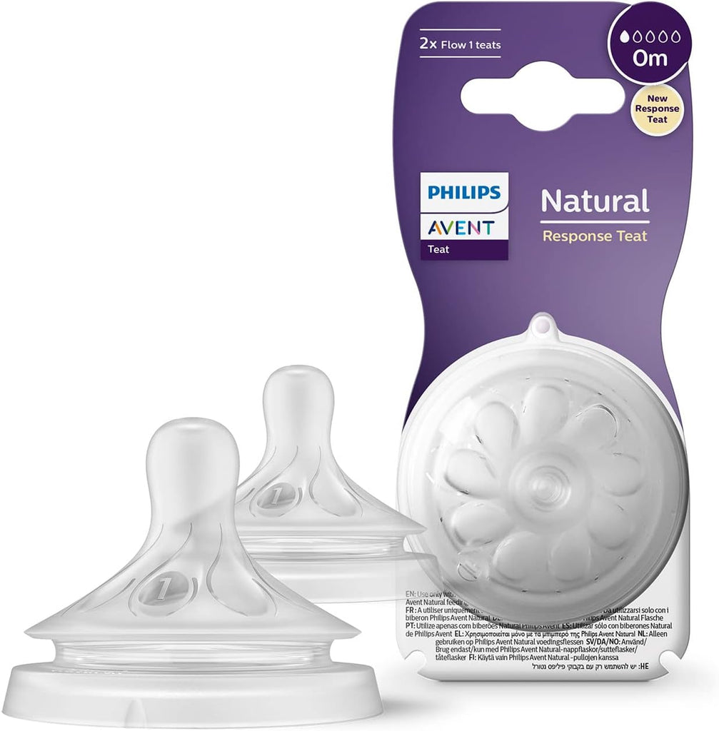 Packaging of Philips Avent Flow 1 Natural Response Teats SCY961/02, designed for 0+ months babies.