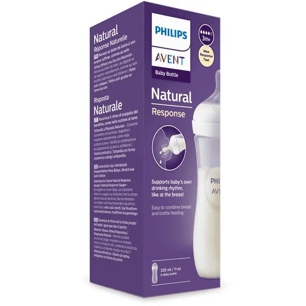 Packaging of Philips Avent SCY906/01 Natural Feeding Bottle highlighting its key features.