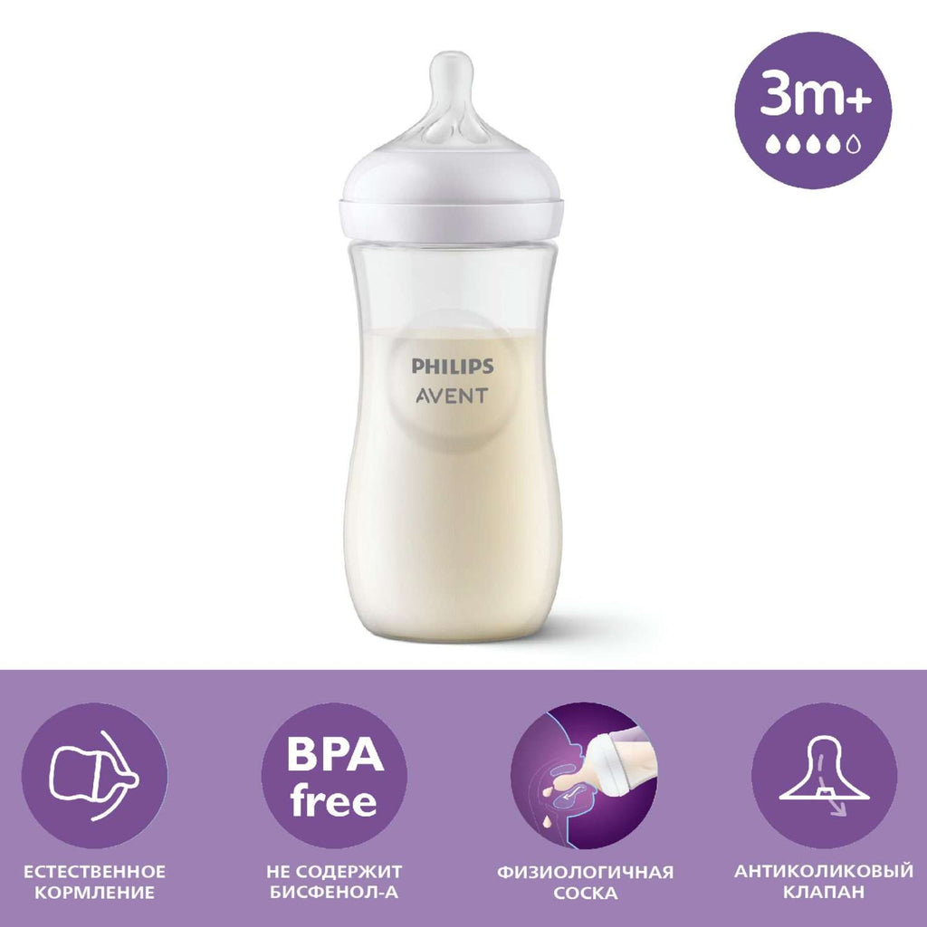 Informative graphic detailing the features of the Philips Avent SCY906/01 Natural Feeding Bottle
