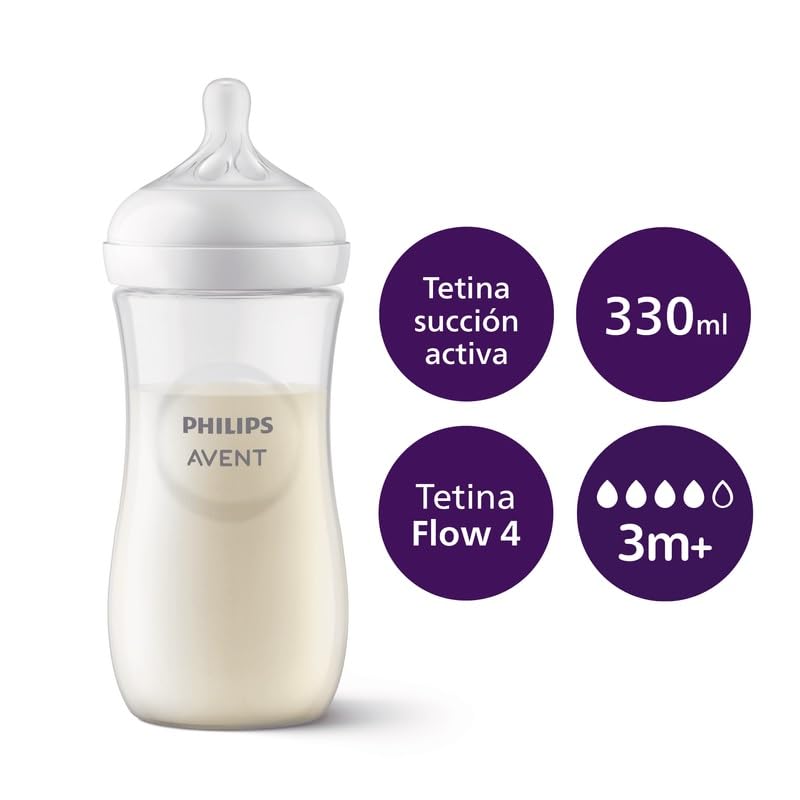 Single Philips Avent Natural Bottle displaying the active suction teat feature and 330ml volume, ideal for babies over 3 months.