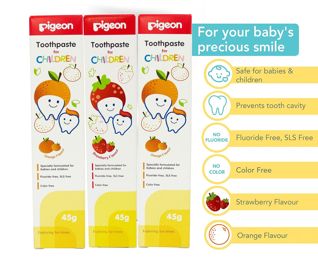 Pigeon Baby Toothpaste Triple Pack - Orange and Strawberry Flavors, Safe for Children, Fluoride and SLS Free