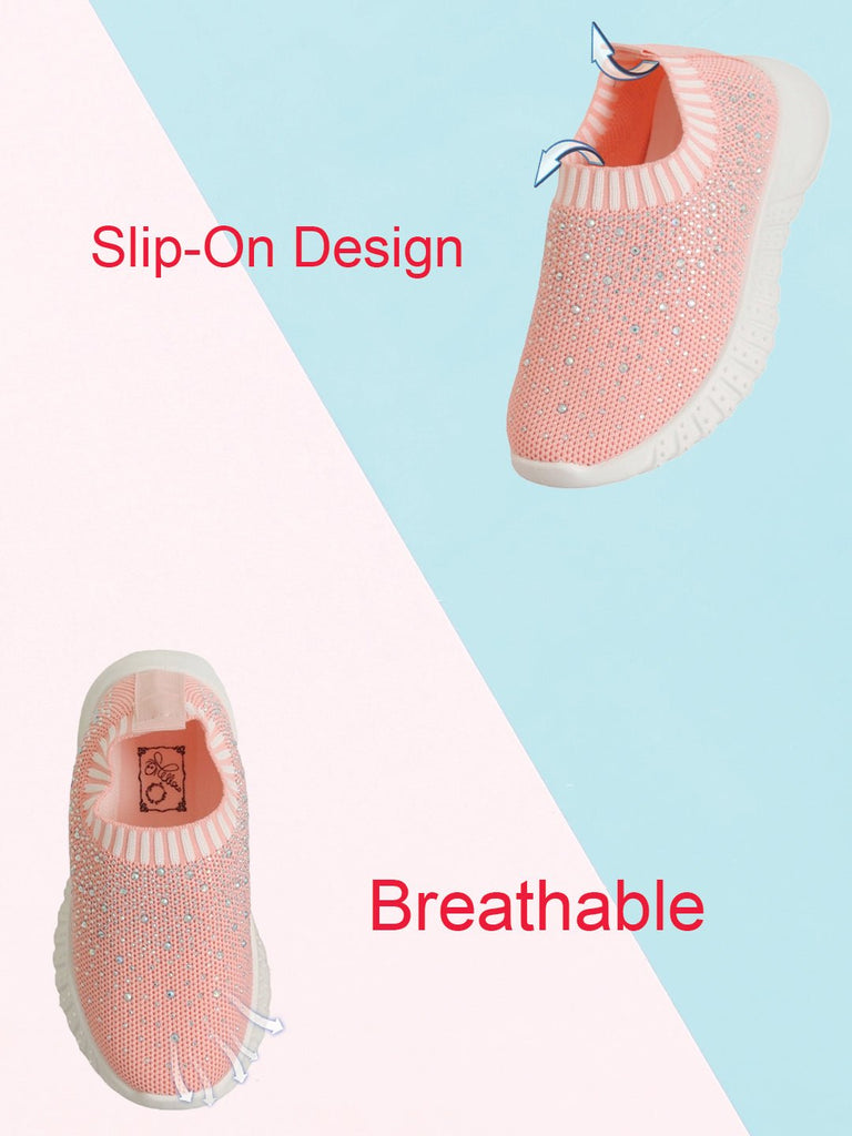 Infographic detail  of pink breathable soft knit slip-on shoes, showcasing the supportive heel design