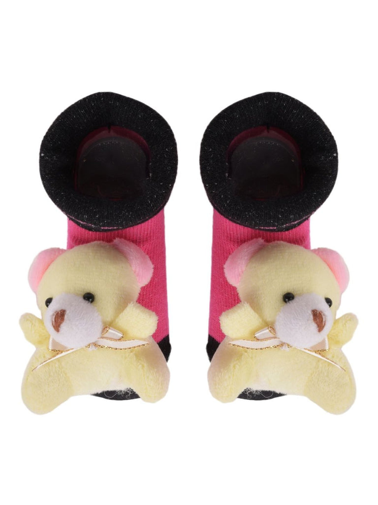 Pair of pink teddy bear stuffed toy socks with a plush bear and black trim