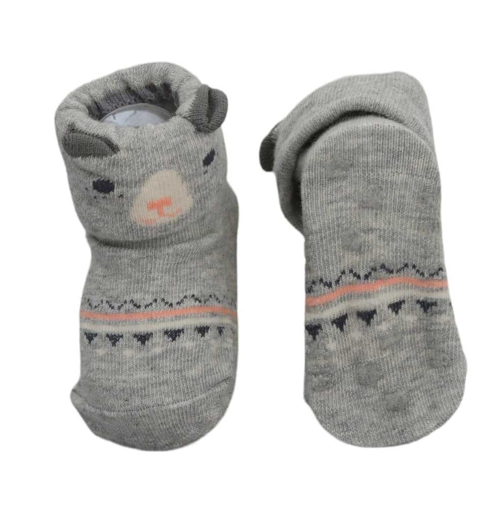 Grey baby socks featuring a cute bear face with ears, designed with anti-skid technology by Yellow Bee.