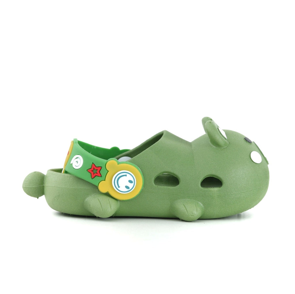 Side view of a green bear pattern clog showcasing the bear face and side strap with charm