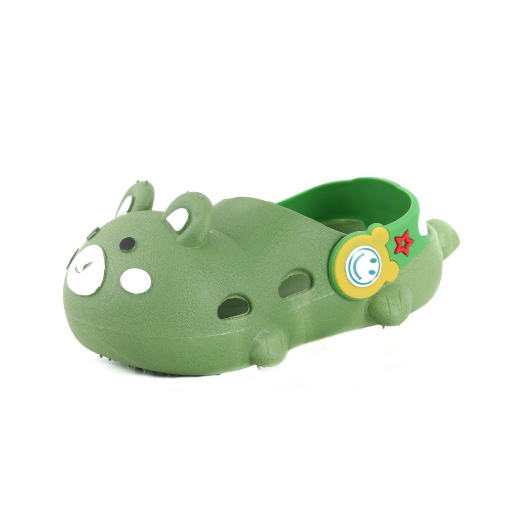 Single green bear pattern clog with a cute face and secure back strap detail