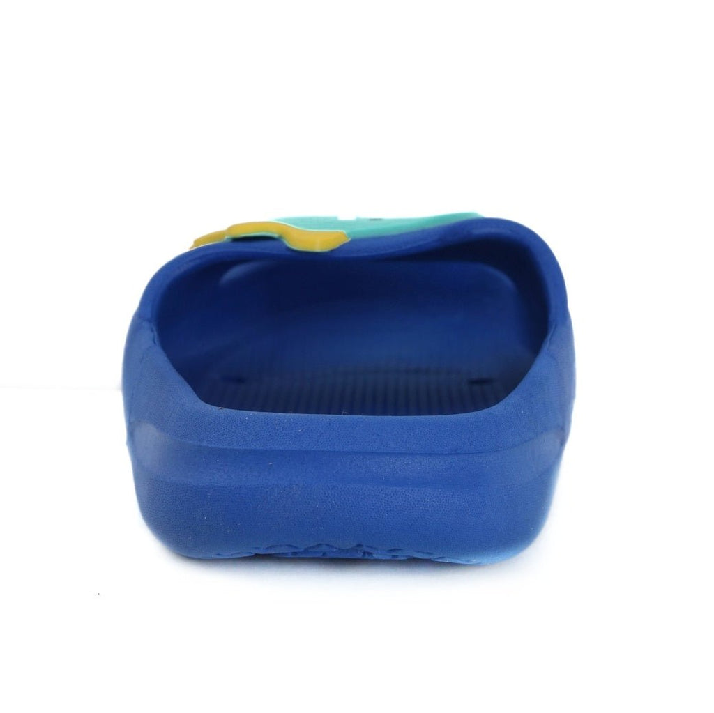 Rear view of blue dino applique slide, combining practicality with playful design