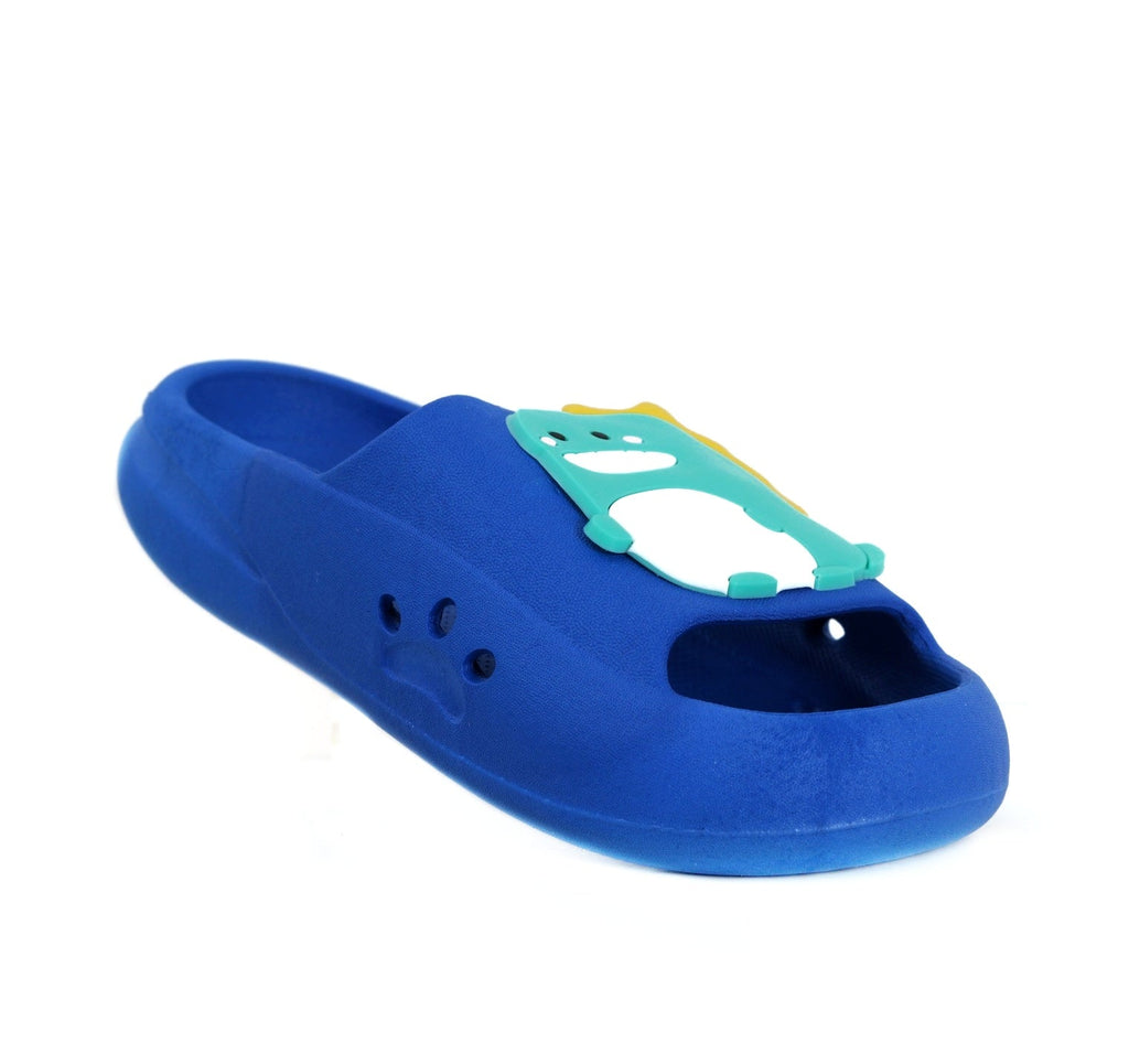 Single blue dino applique slide angled to show off the fun design, perfect for your child's everyday adventure