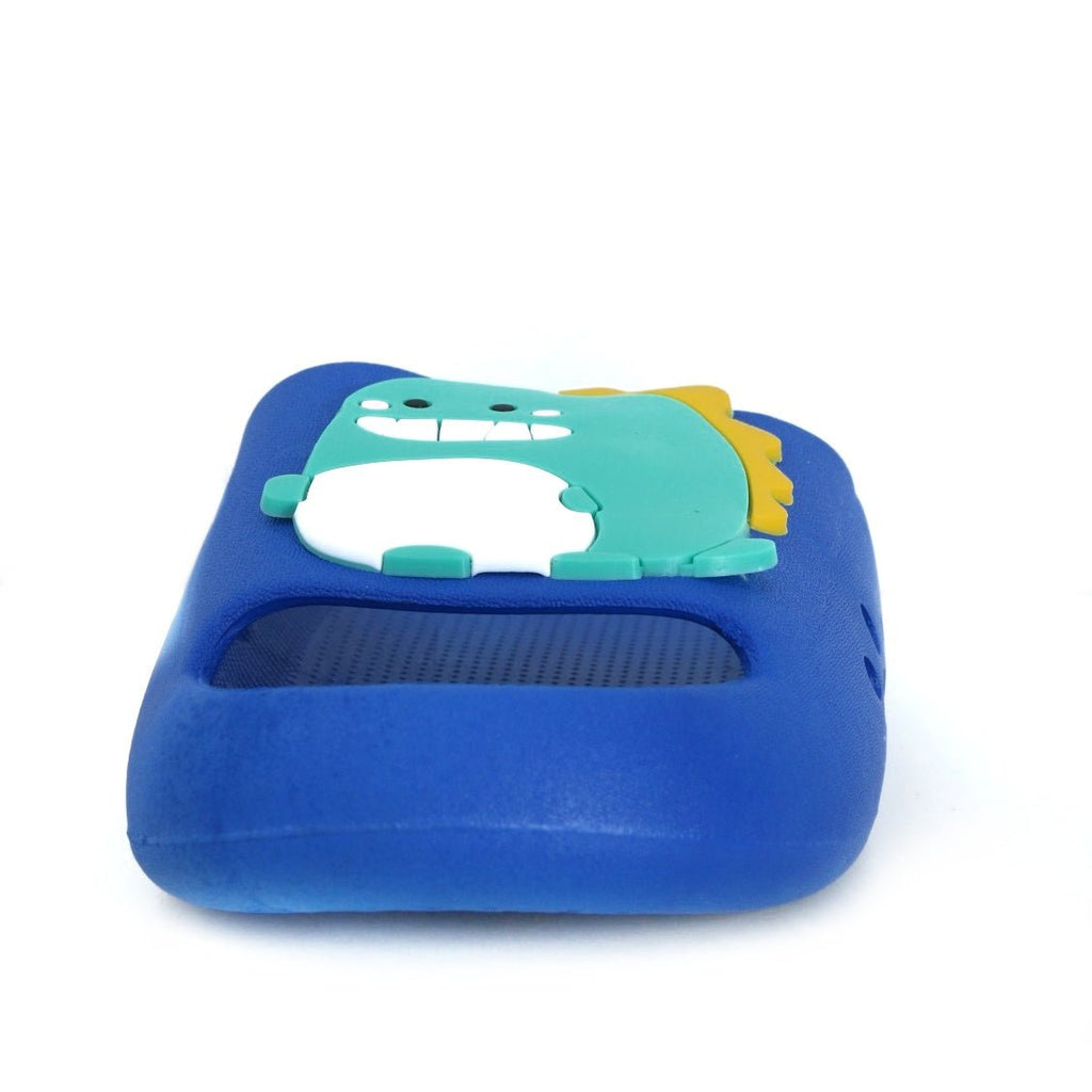 Close-up of the front strap on blue dino slide, featuring a dinosaur applique for a touch of fun in kids' footwear