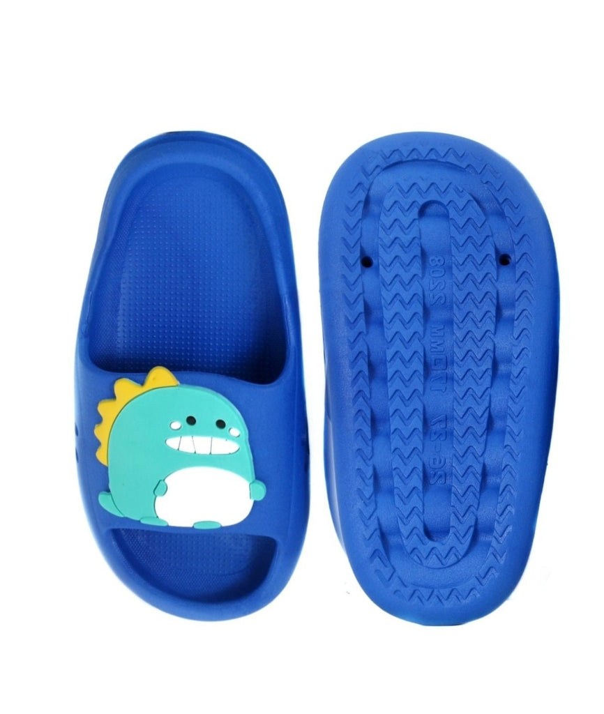 Top and bottom view of the blue dino slides, highlighting the anti-slip sole and cute dinosaur design