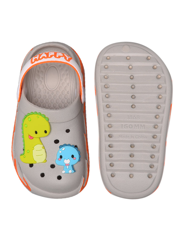 Fun and comfy grey children's clogs featuring friendly dinosaur characters, ready for adventure.-top