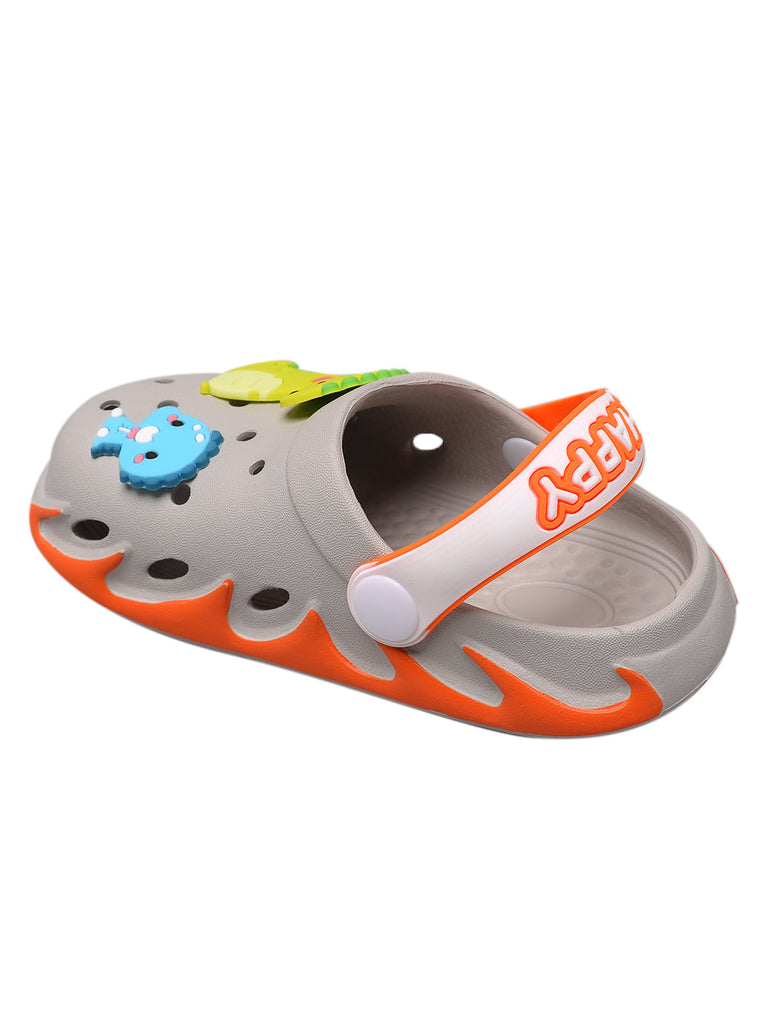 Fun and comfy grey children's clogs featuring friendly dinosaur characters, ready for adventure.