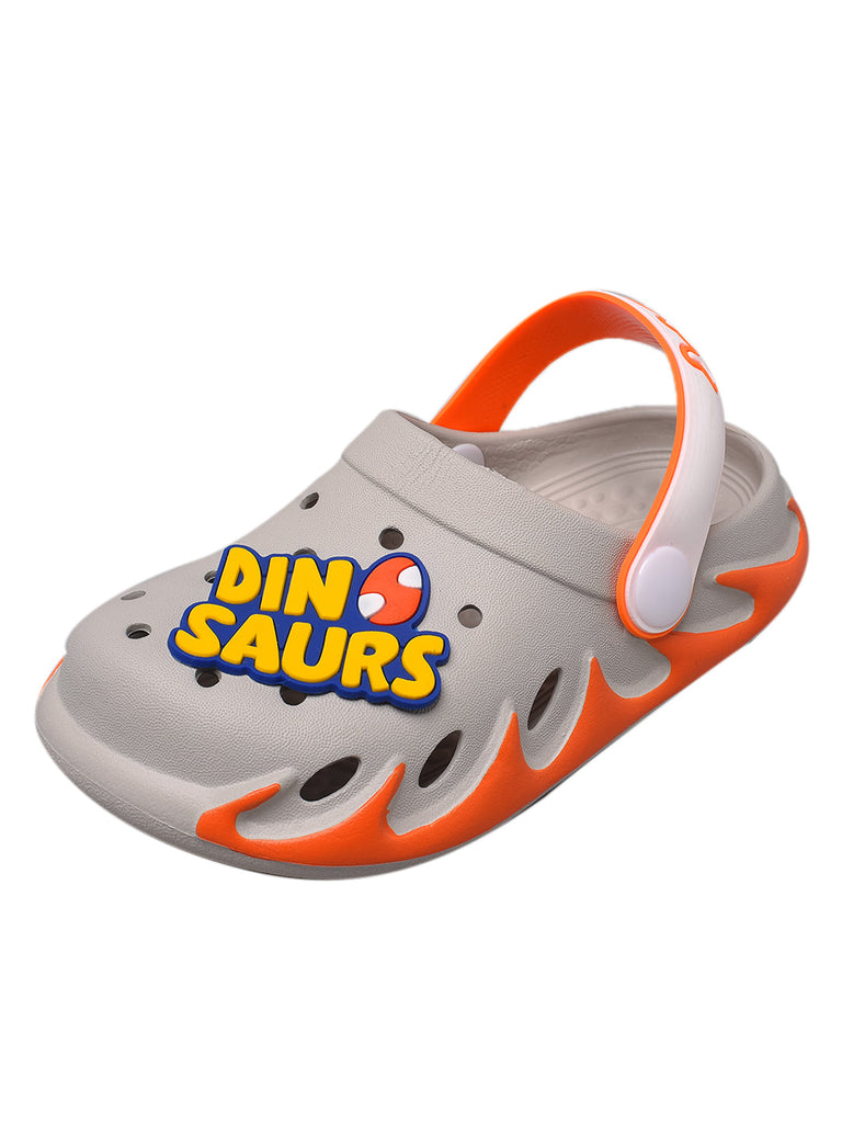 Close-up of dinosaur-themed clogs for kids, with bright decorations and secure heel strap for all-day play.