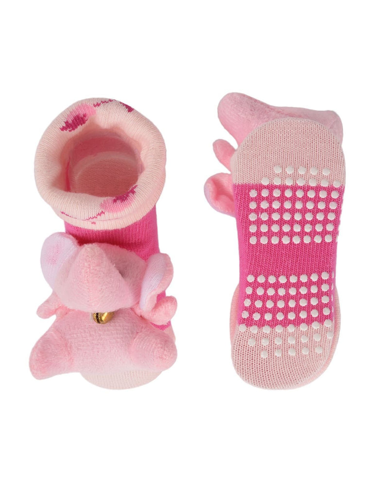 Yellow Bee infant socks featuring a pink elephant design, with a focus on the soft texture and elastic cuff