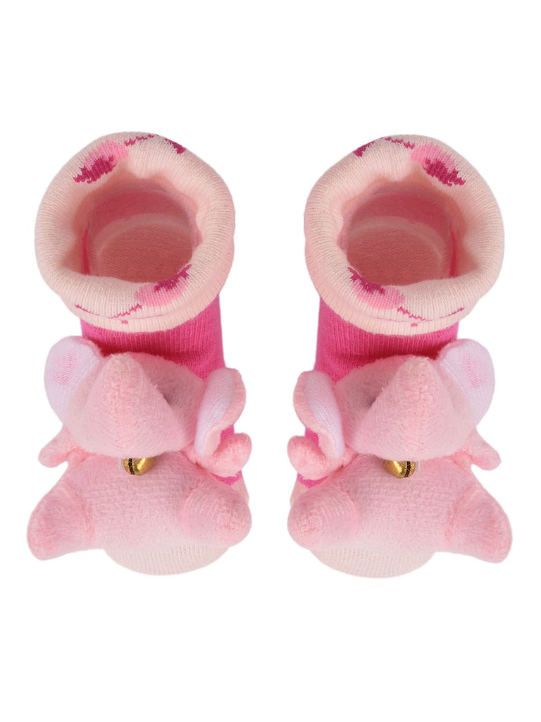 Pair of Yellow Bee's pink elephant plush socks for babies, displayed with a clear view of the top and stuffed animal design