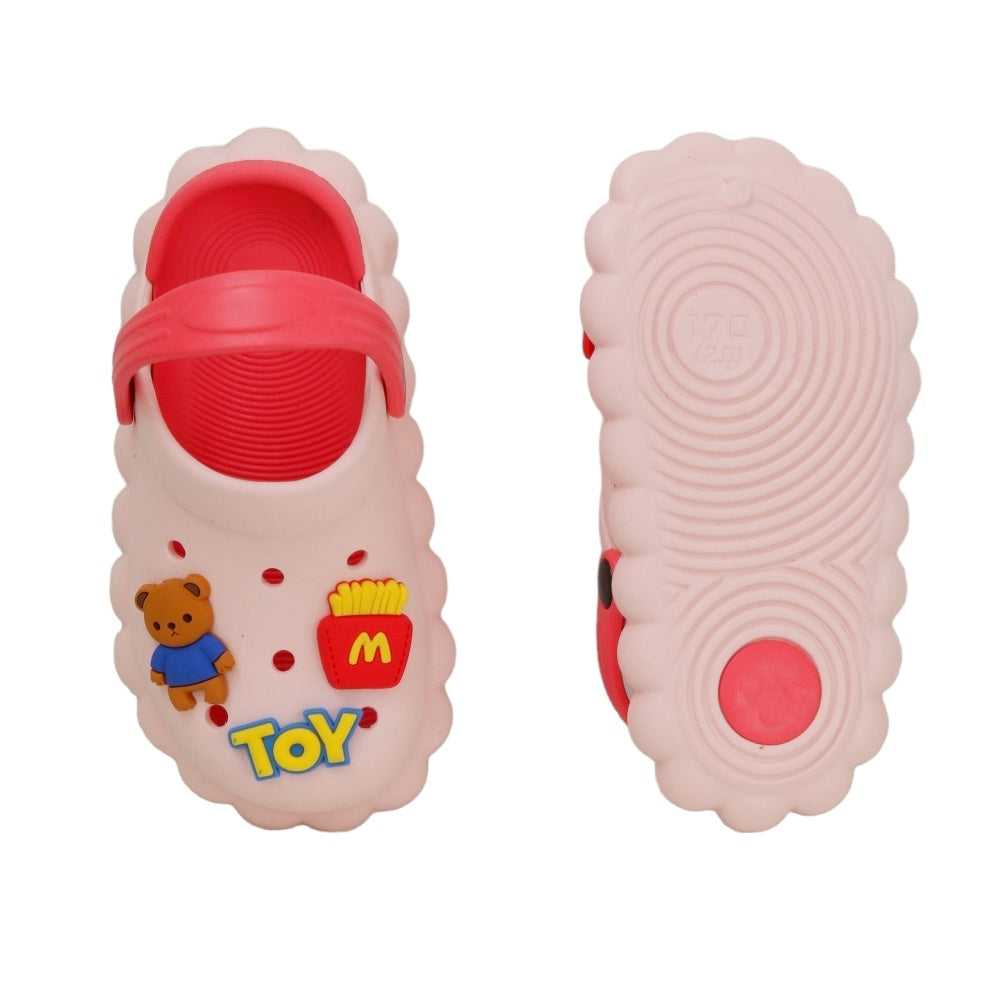 Top and bottom perspective of the toddler clogs with toy bear motif, emphasizing the anti-slip sole