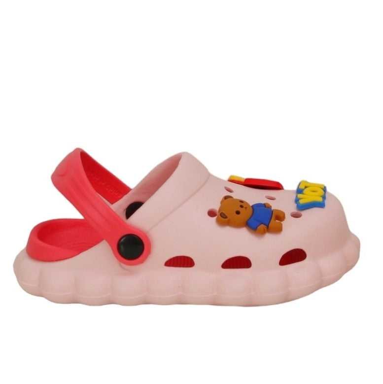 Top and bottom perspective of the toddler clogs with toy bear motif, emphasizing the anti-slip sole