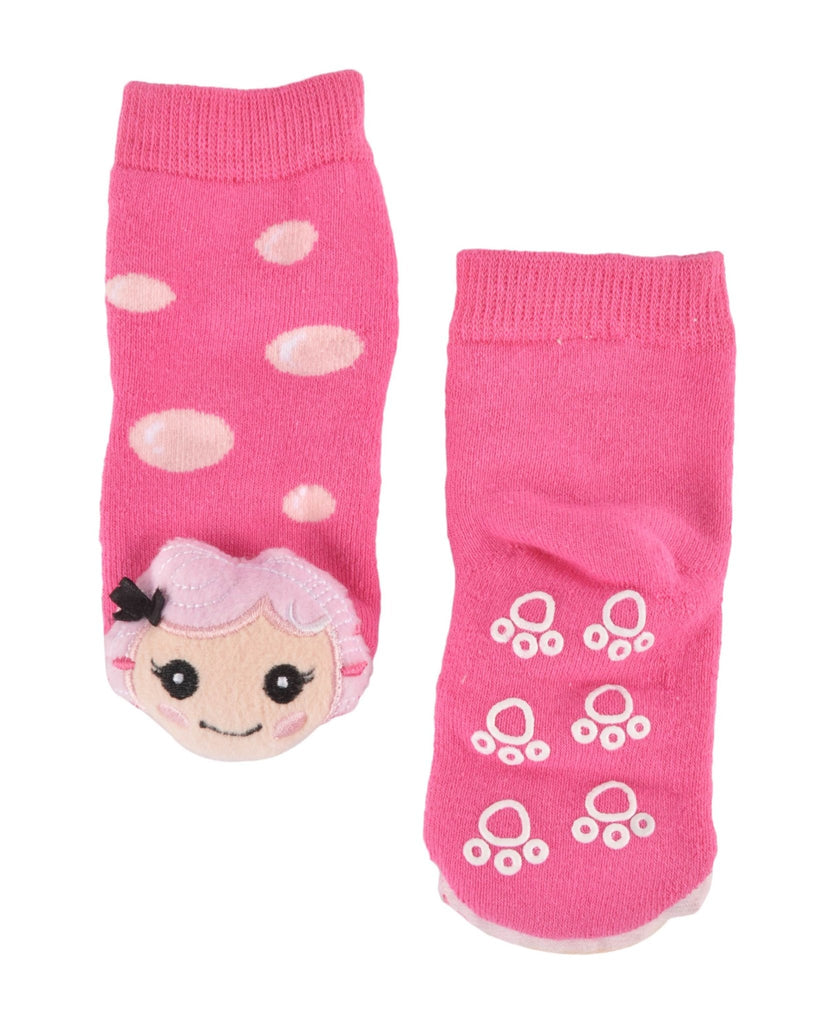 Close-up of baby sock with pink cat face design and anti-slip sole