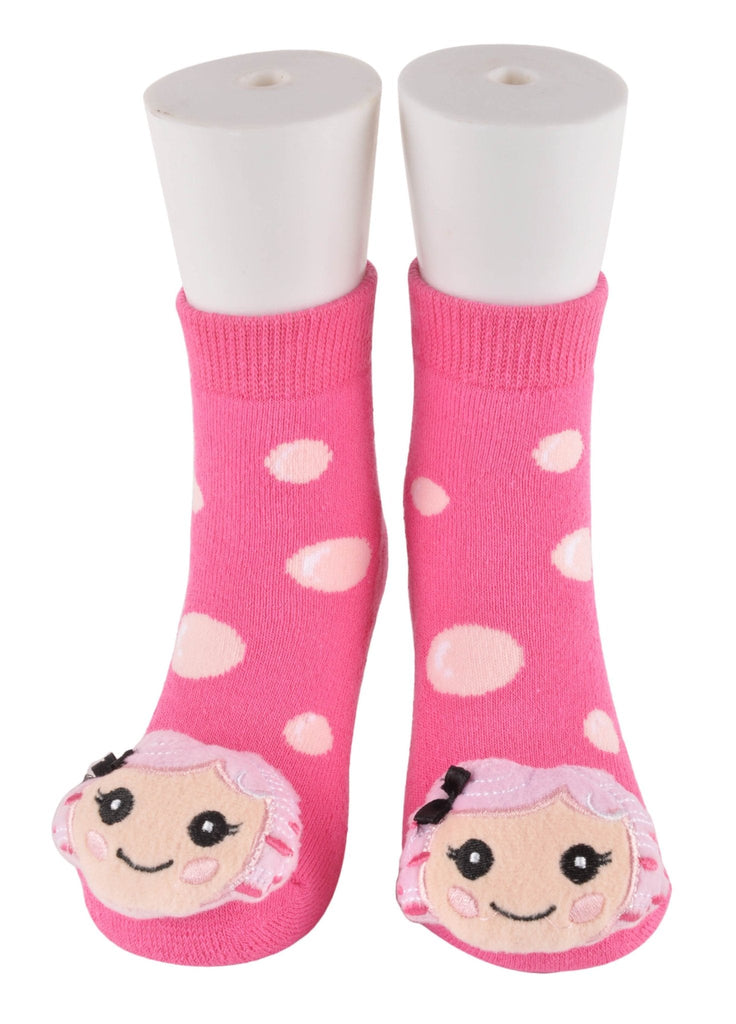 Variety pack of baby socks with stuffed animal designs on a pink background