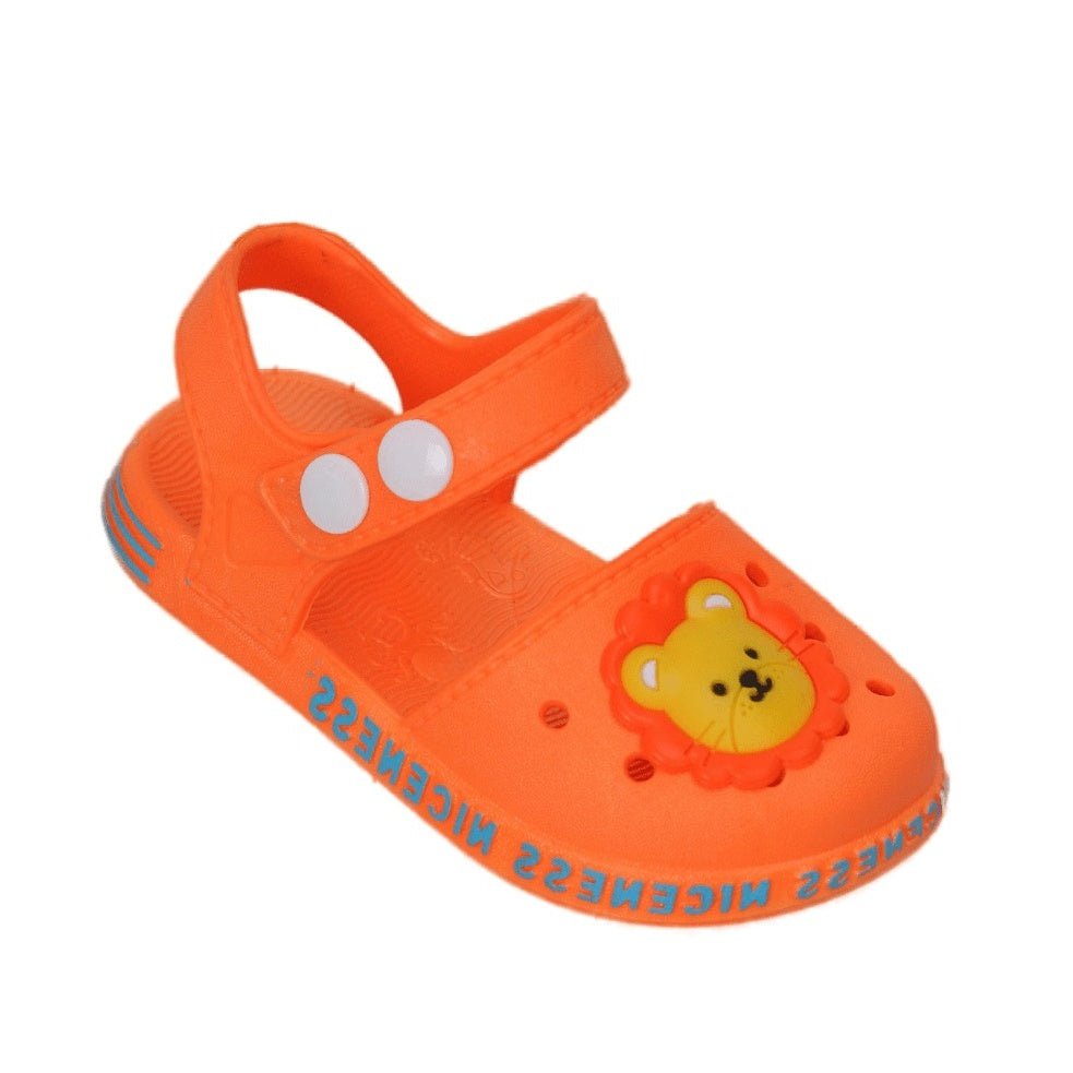 Side angle of orange lion character sandals for children.