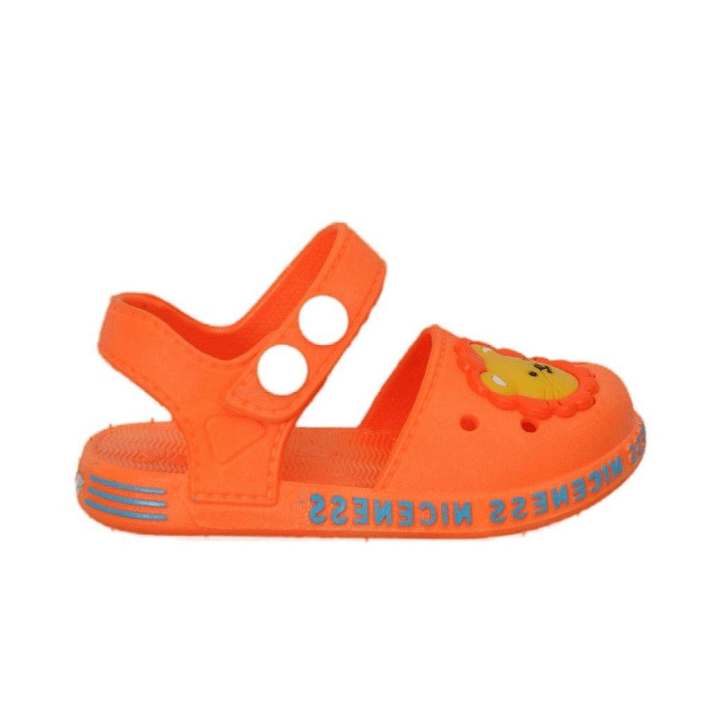 Pair of fun orange sandals with lion design for children