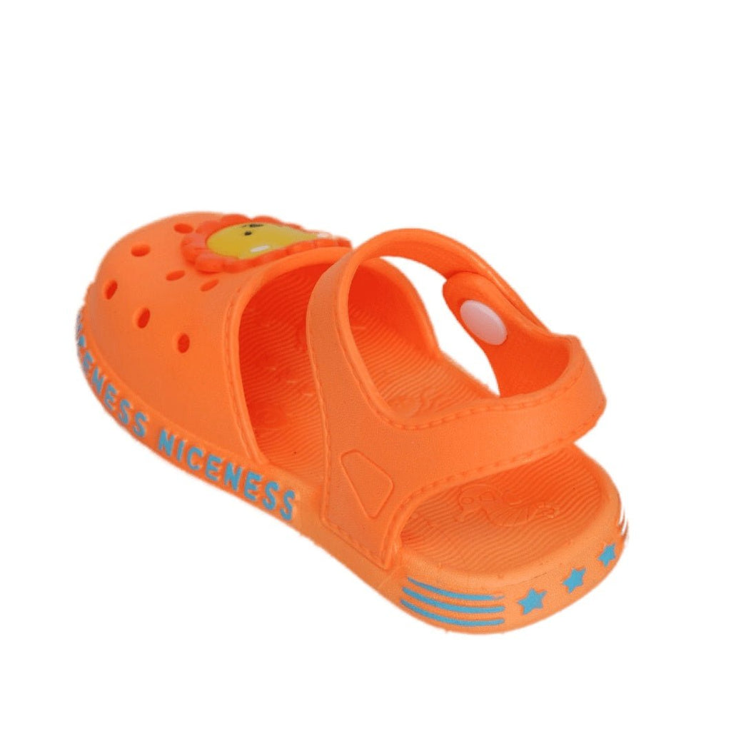 Top view of adorable orange lion sandals for playful steps.