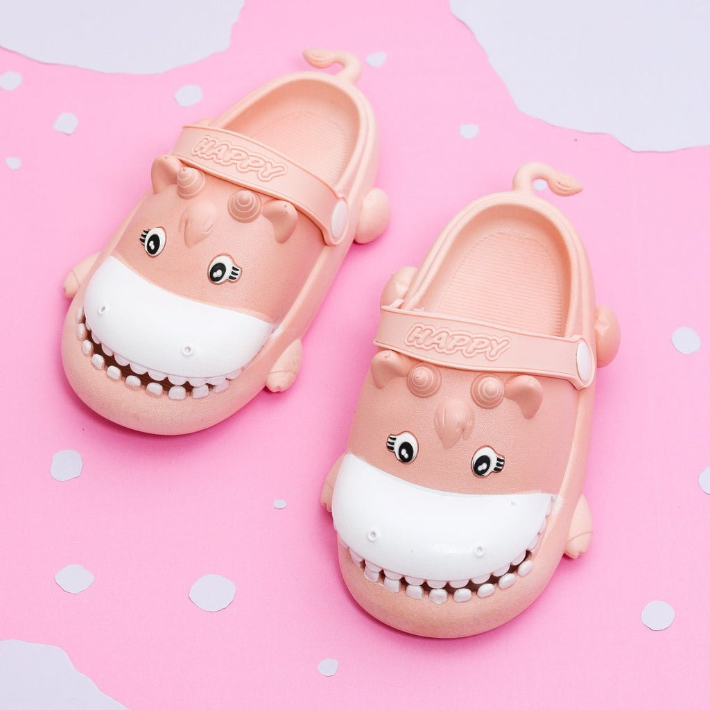 Adorable Kids' Peach-Pink Clogs with a Happy Hippo Face Design and Comfortable Fit