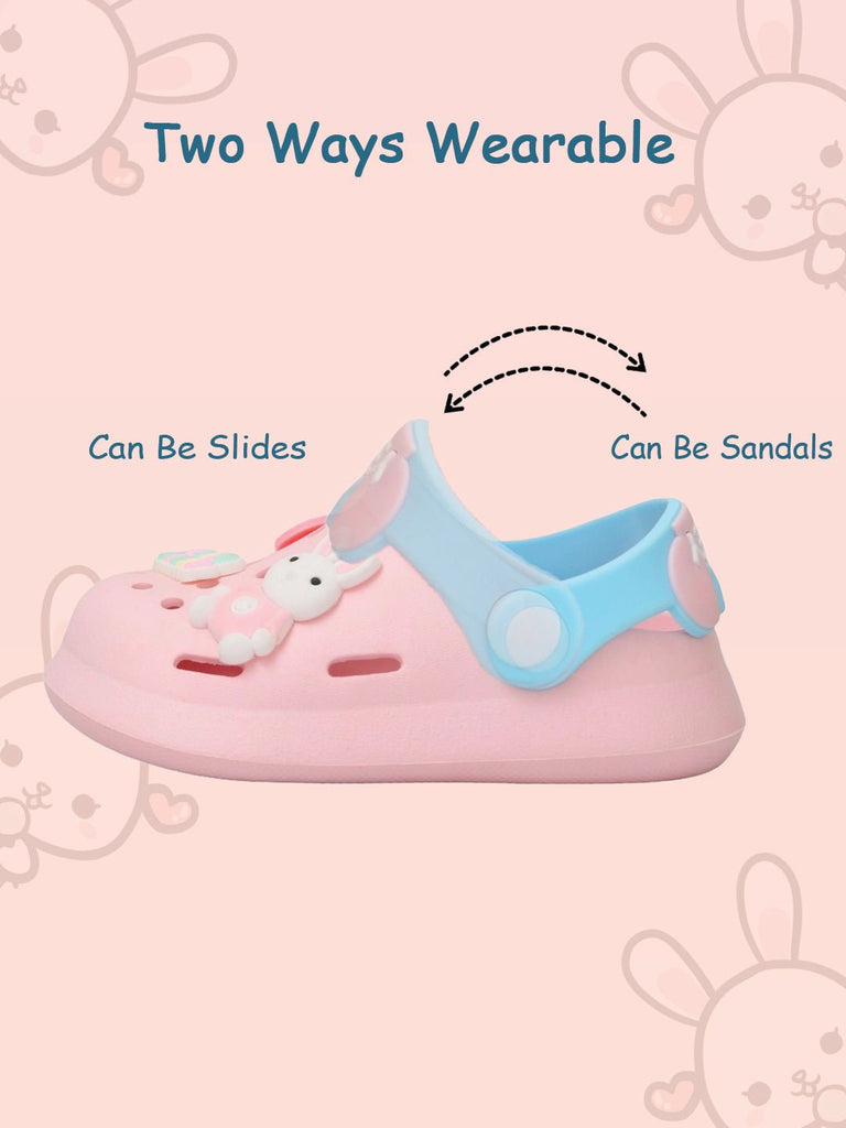 Convertible pink bunny clogs for kids showcasing sandal and slide modes