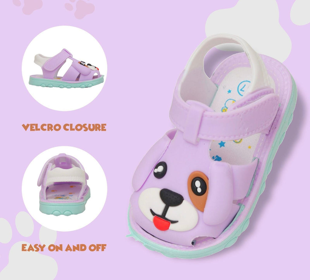 Kids' purple sandals with velcro closure and puppy design, easy to wear.