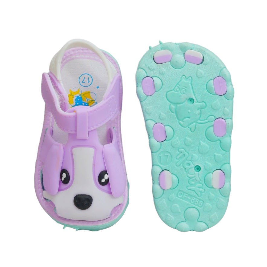 Top and bottom view of purple puppy applique sandals showing design and tread.