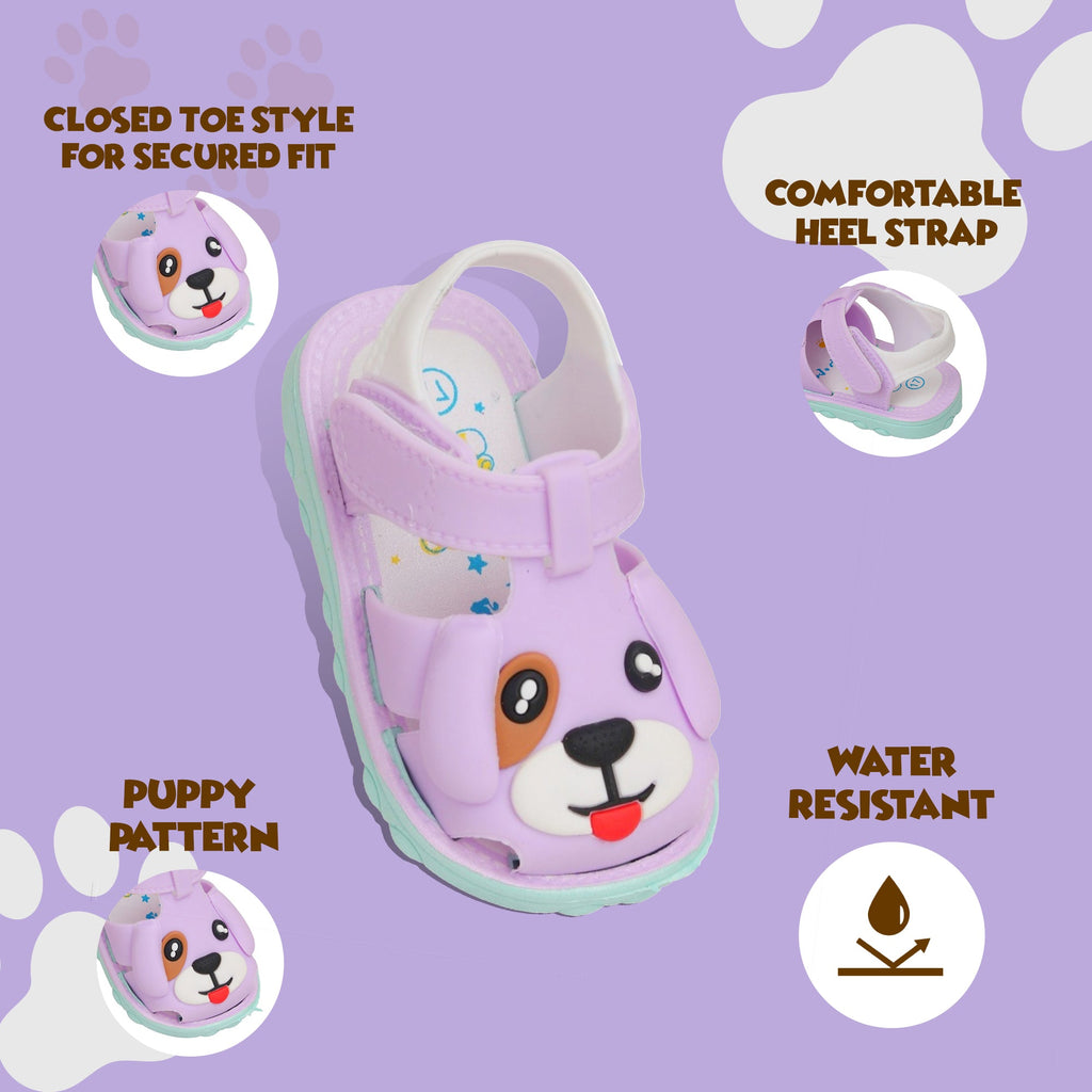 Infographic highlighting features of purple puppy sandals with closed-toe style and heel strap.