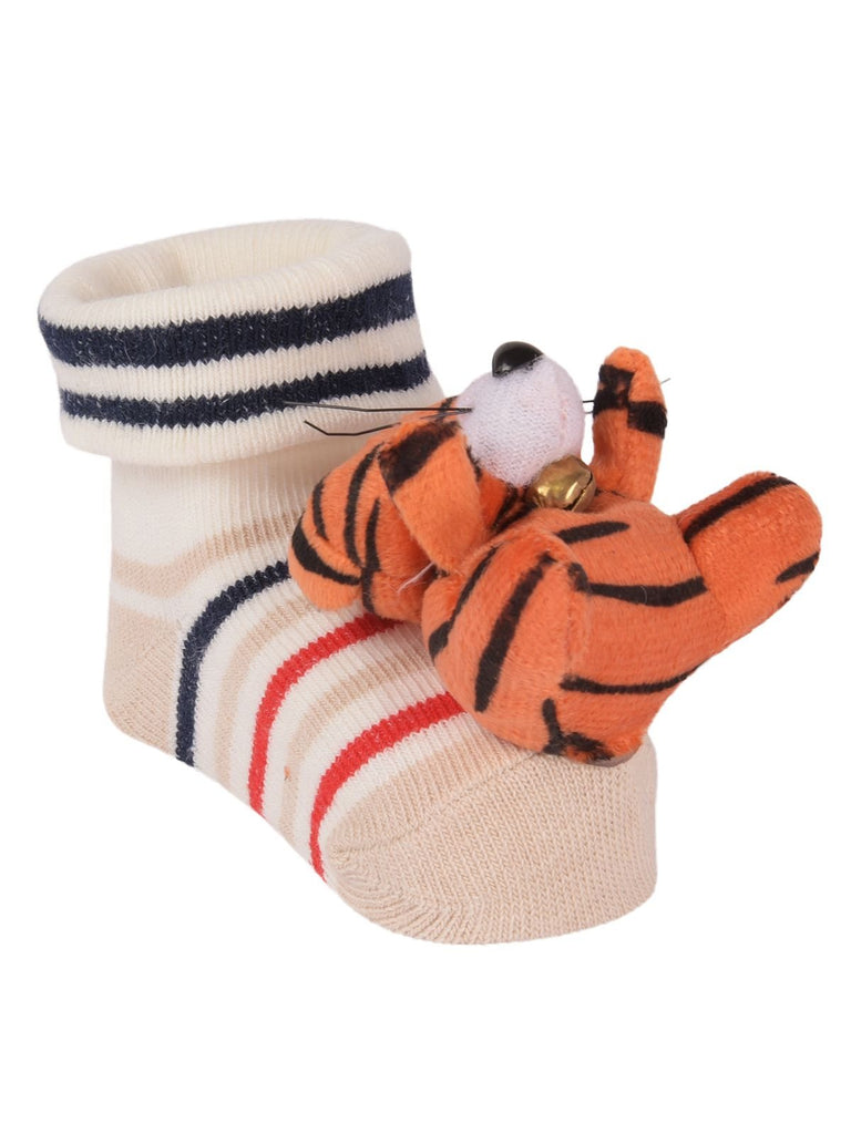 Pair of kids' tiger stuffed toy socks standing upright - side angle view.