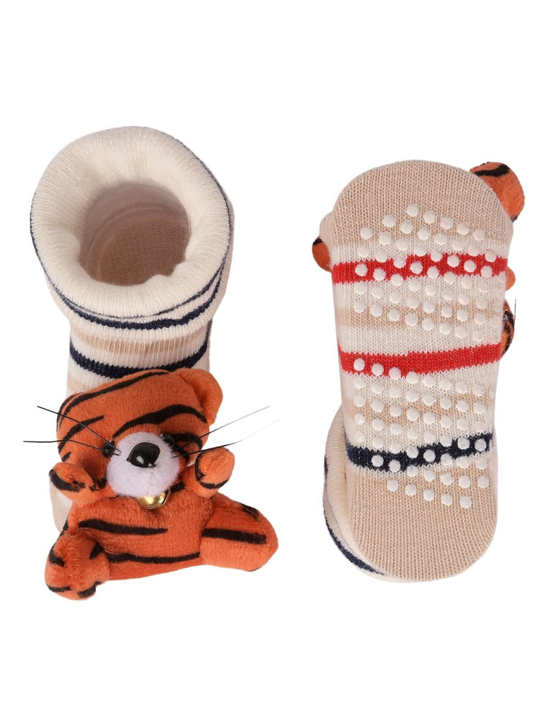 Cozy children’s tiger toy socks with anti-slip soles and striped pattern - sole view.