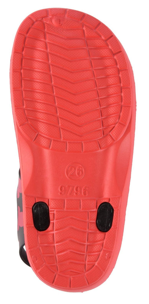 The back view image highlights the robust heel strap and patterned sole, emphasizing stability and grip