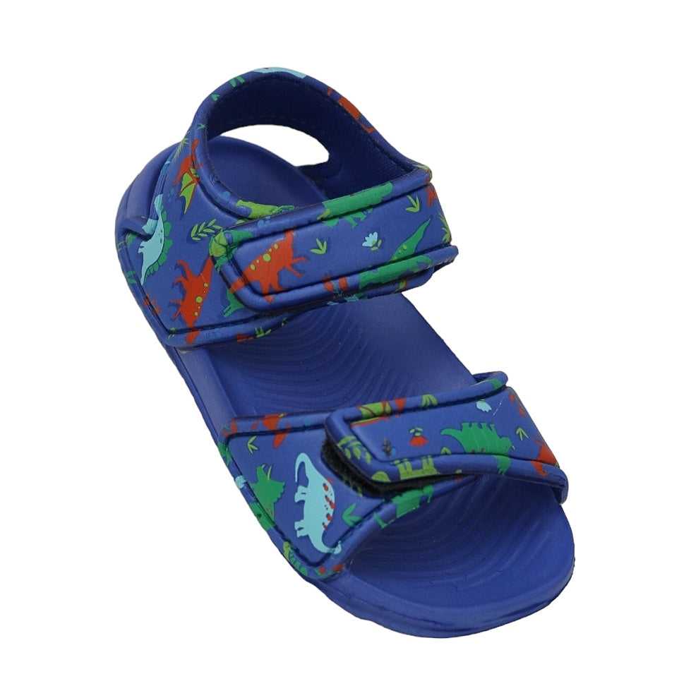 Dynamic blue children's sandal featuring a colorful dinosaur print, designed for comfort and fun.