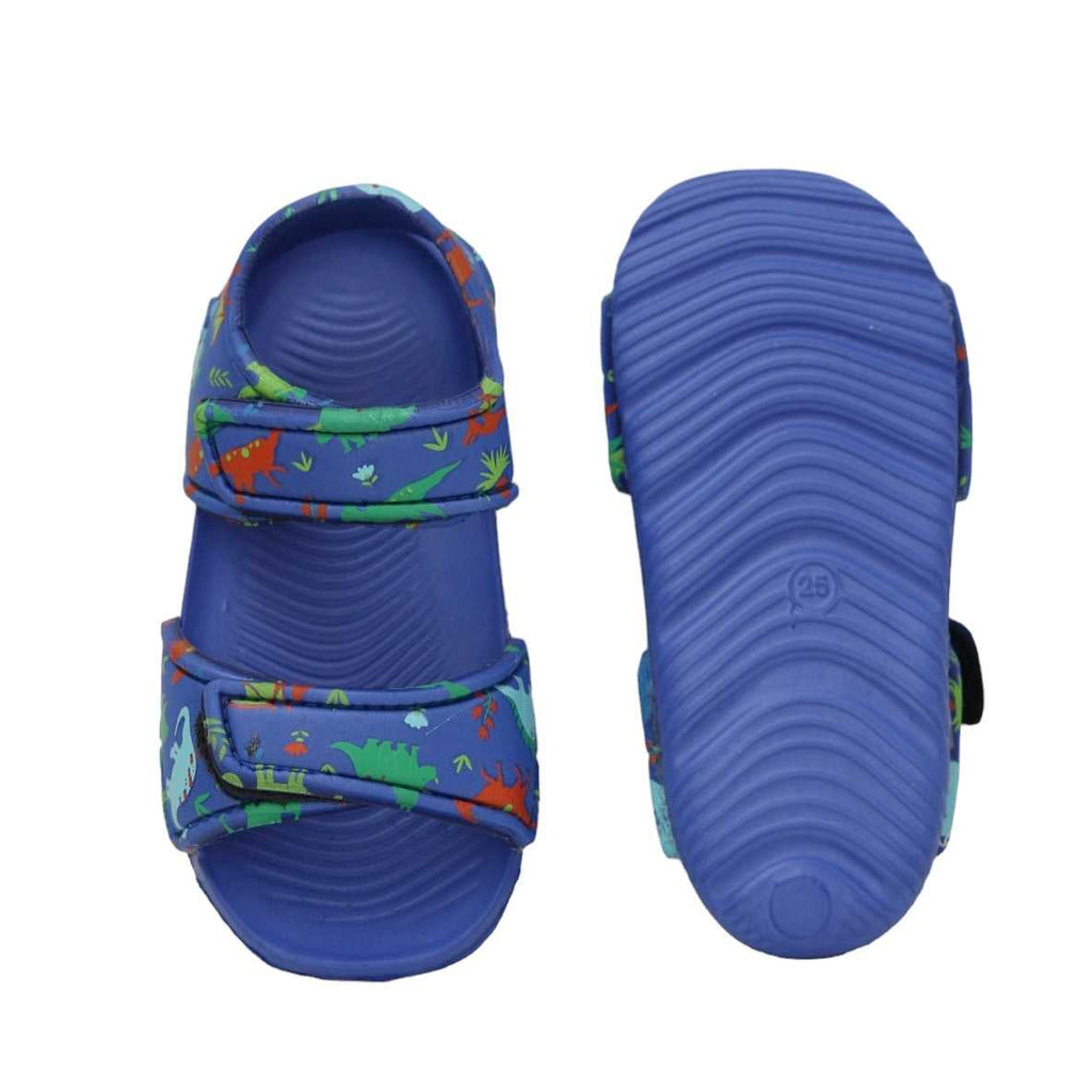 Top and bottom view of children's blue sandals with a playful dinosaur pattern, ready for action.