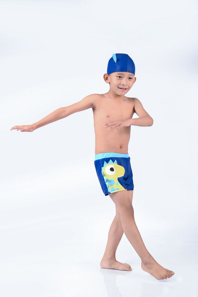 Side Pose of Boy in Yellow Bee Dinosaur Swim Set Showing Off Swim Cap