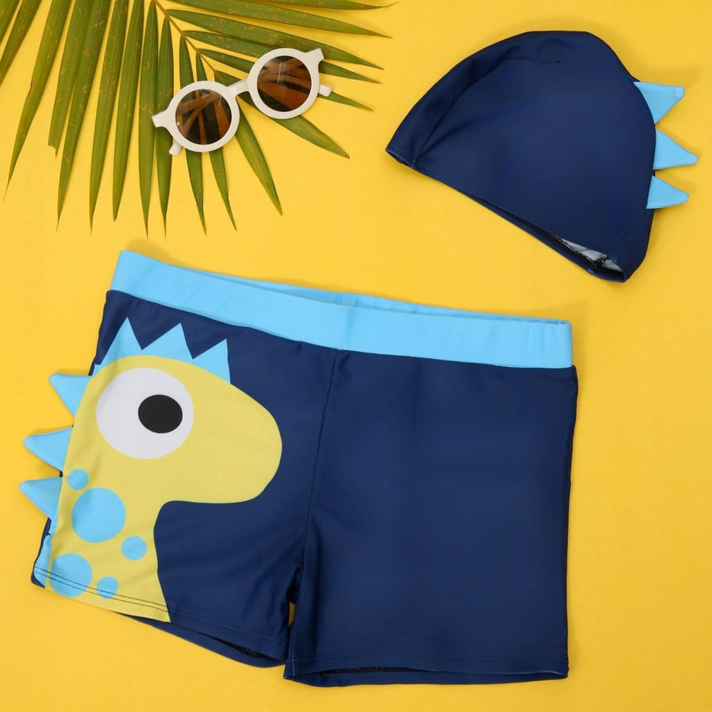 Yellow Bee Dinosaur-Themed Swim Shorts and Cap Set for Boys