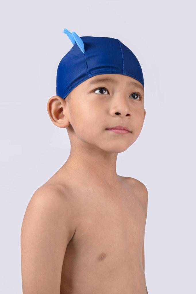 Frontal View of Boy in Yellow Bee Dinosaur Swim Set with Cap
