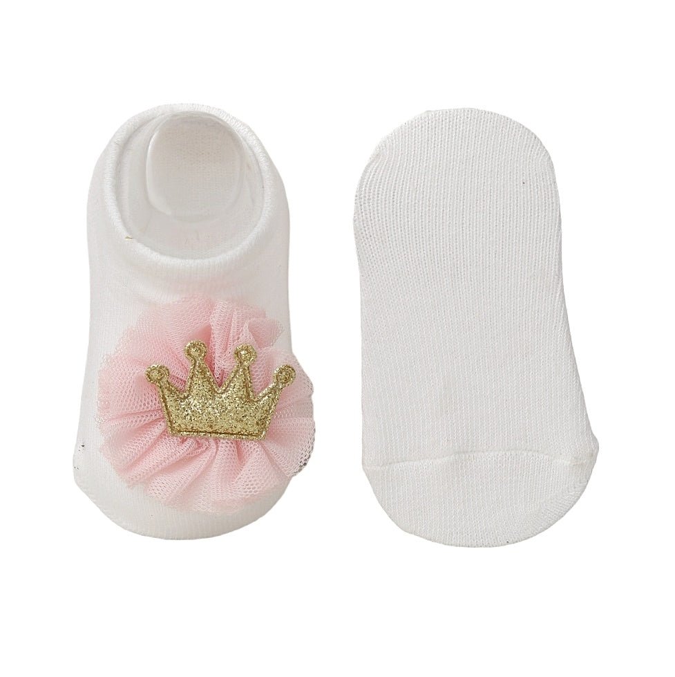 Baby girl's white socks with pink tutu crown detail and golden sparkle.