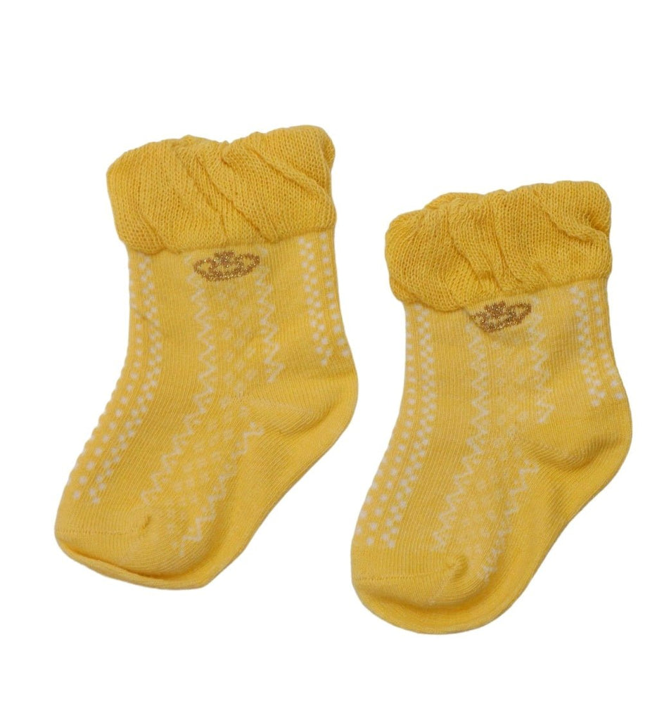 Bright yellow ruffle cuff socks with crown design for infants