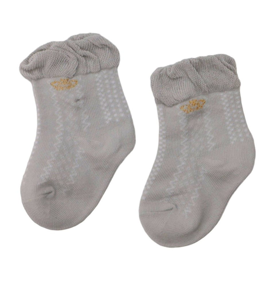 Pair of grey ruffle cuff socks with golden crown embroidery for baby girls