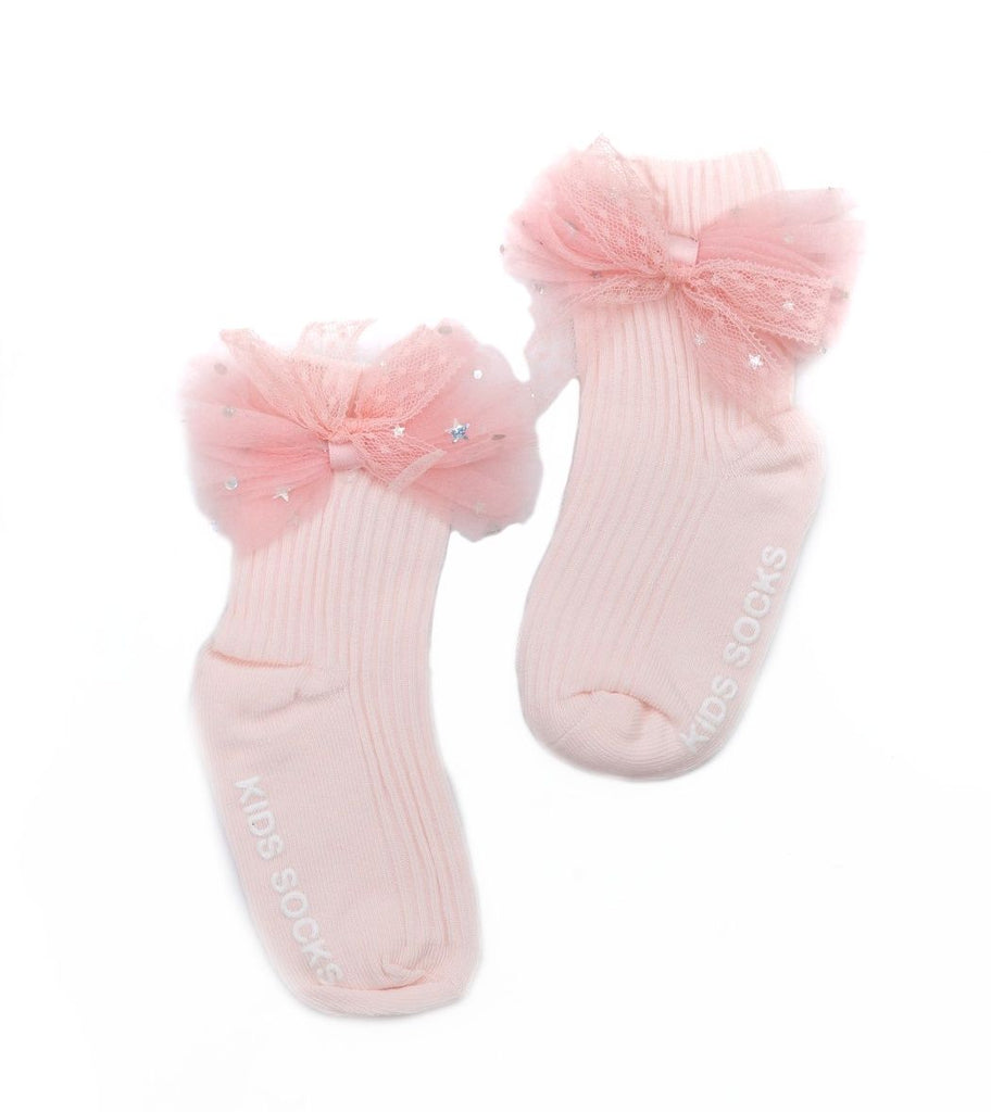 Pair of pink ribbed socks for kids with sparkling tulle bow details.