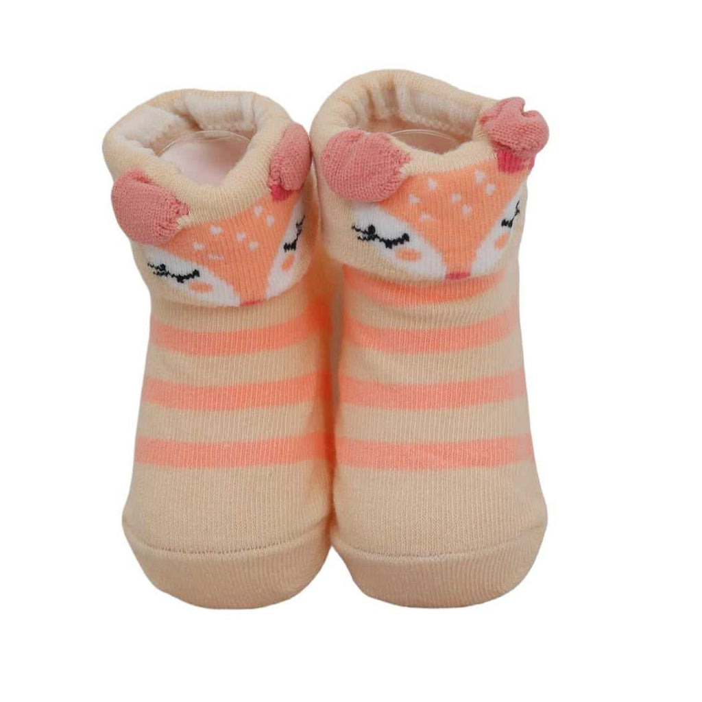 Pair of baby girl's beige deer socks with pink stripes and cute ears