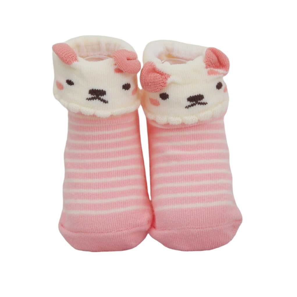 Pair of baby girl's pink puppy socks with playful ears and stripes.