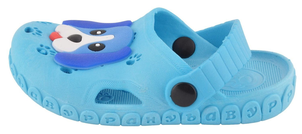 Side View of Boys' Light Blue Clogs with Puppy Design